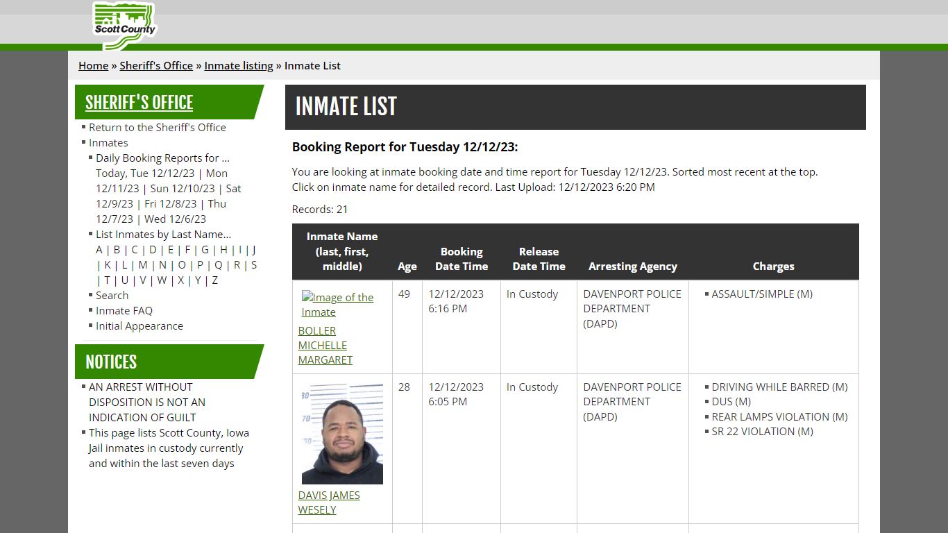Inmate List - Scott County, Iowa